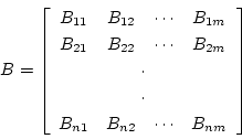 \begin{displaymath}B= \left \lbrack
\begin{array}{cccc}
B_{11} & B_{12} & \c...
...& B_{n2} & \cdots & B_{nm} \\
\end{array}
\right \rbrack
\end{displaymath}
