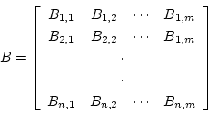 \begin{displaymath}B= \left \lbrack
\begin{array}{cccc}
B_{1,1} & B_{1,2} & ...
... B_{n,2} & \cdots & B_{n,m} \\
\end{array}
\right \rbrack \end{displaymath}