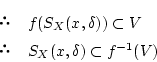 \begin{eqnarray*}
&& f(S_X(x,{\delta})) \subset V \\
&& S_X(x,{\delta}) \subset f^{-1}(V)
\end{eqnarray*}