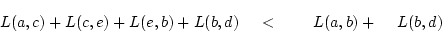 \begin{displaymath}
L(a,c)+L(c,e)+L(e,b)+L(b,d)<L(a,b)+L(b,d)
\end{displaymath}