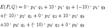 \begin{eqnarray*}
&&E(P,Q)=0p_1q_1+10p_1q_2+(-10)p_1q_3\\
&&+(10)...
...2+10p_2q_3 \\
&&+10p_3q_1+(10)p_3q_2+0p_3q_3
\end{eqnarray*}