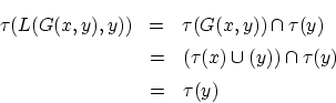 \begin{eqnarray*}
\tau(L(G(x,y),y)) &=& \tau(G(x,y)) \cap \tau(y) \\
&=& (\tau(x) \cup(y)) \cap \tau(y) \\
&=& \tau(y)
\end{eqnarray*}