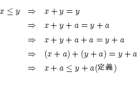 \begin{eqnarray*}
x \le y & \Rightarrow & x+y=y \\
& \Rightarrow & x+y+a=y+a ...
...w & (x+a)+(y+a)=y+a \\
& \Rightarrow & x+a \le y+a () \\
\end{eqnarray*}