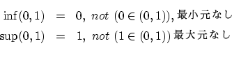 \begin{eqnarray*}
\inf (0,1) &=& 0, ~not~ (0 \in (0,1)) , Ǿ ʤ \\
\sup (0,1) &=& 1, ~not~ (1 \in (0,1)) 縵 ʤ \\
\end{eqnarray*}