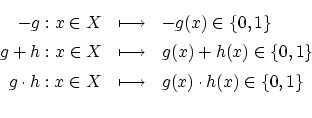 \begin{eqnarray*}
-g :x \in X &\longmapsto& -g(x) \in \{ 0,1 \} \\
g+h :x \in...
...cdot h :x \in X &\longmapsto& g(x) \cdot h(x) \in \{ 0,1 \} \\
\end{eqnarray*}